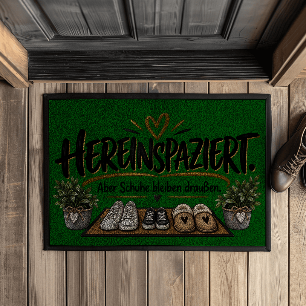 Fußmatte „Hereinspaziert – Aber Schuhe bleiben draußen“ mit Gummirand