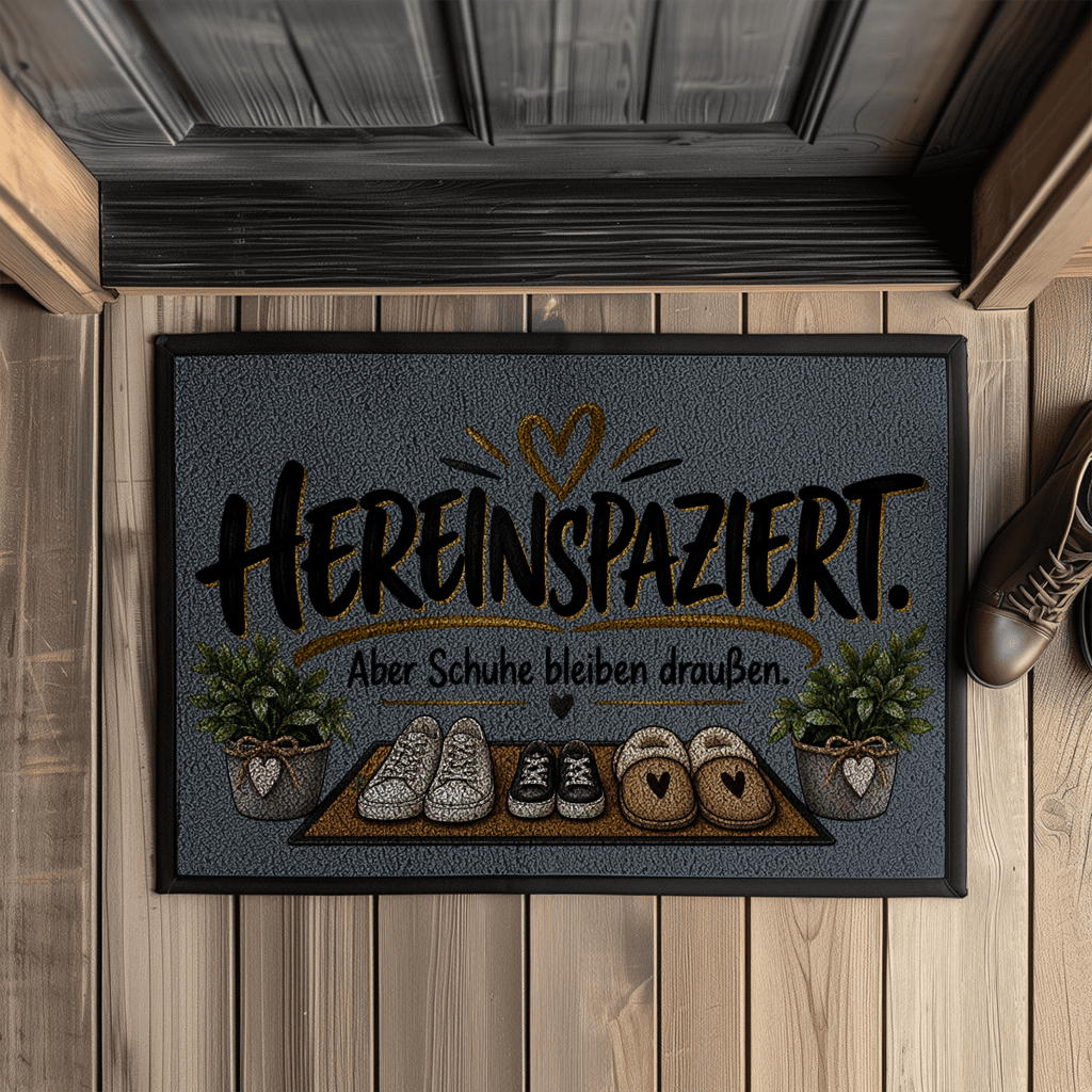 Fußmatte „Hereinspaziert – Aber Schuhe bleiben draußen“ mit Gummirand