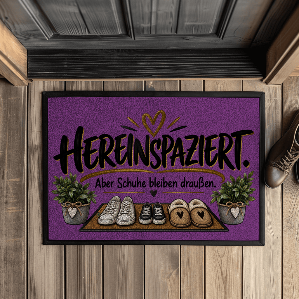 Fußmatte „Hereinspaziert – Aber Schuhe bleiben draußen“ mit Gummirand