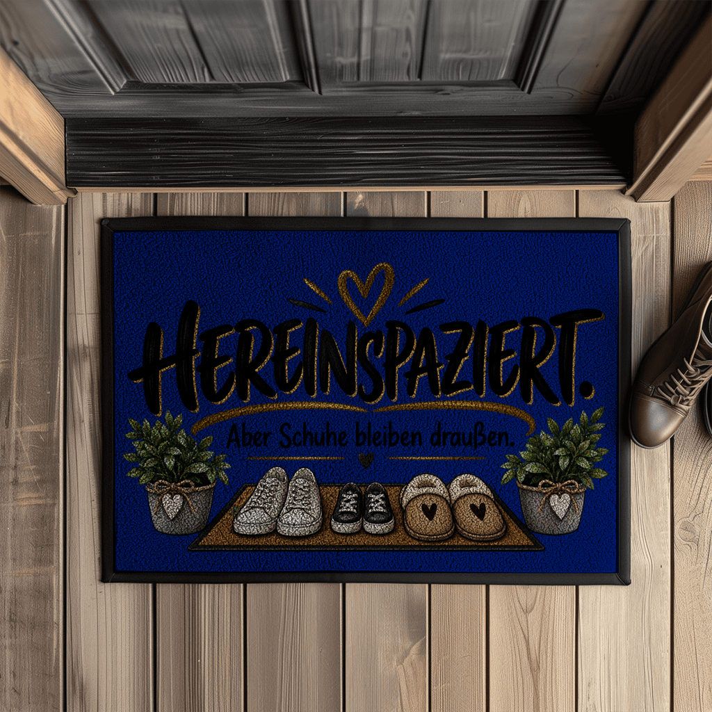 Fußmatte „Hereinspaziert – Aber Schuhe bleiben draußen“ mit Gummirand