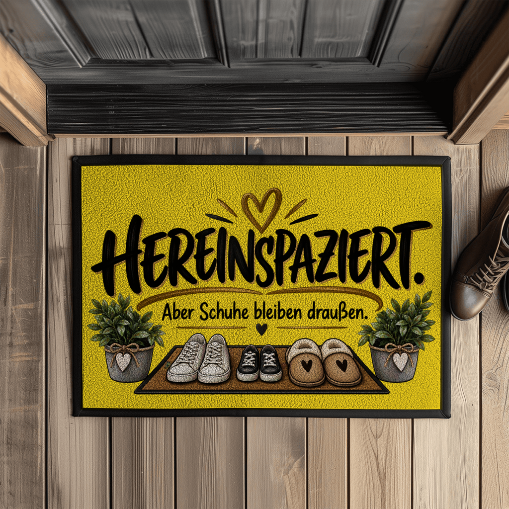 Fußmatte „Hereinspaziert – Aber Schuhe bleiben draußen“ mit Gummirand