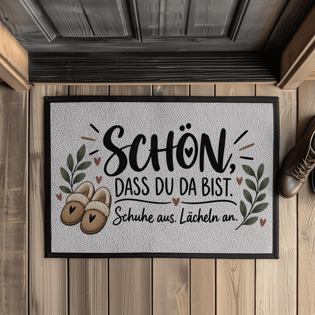 Fußmatte „Schön, dass du da bist – Schuhe aus. Lächeln an.“