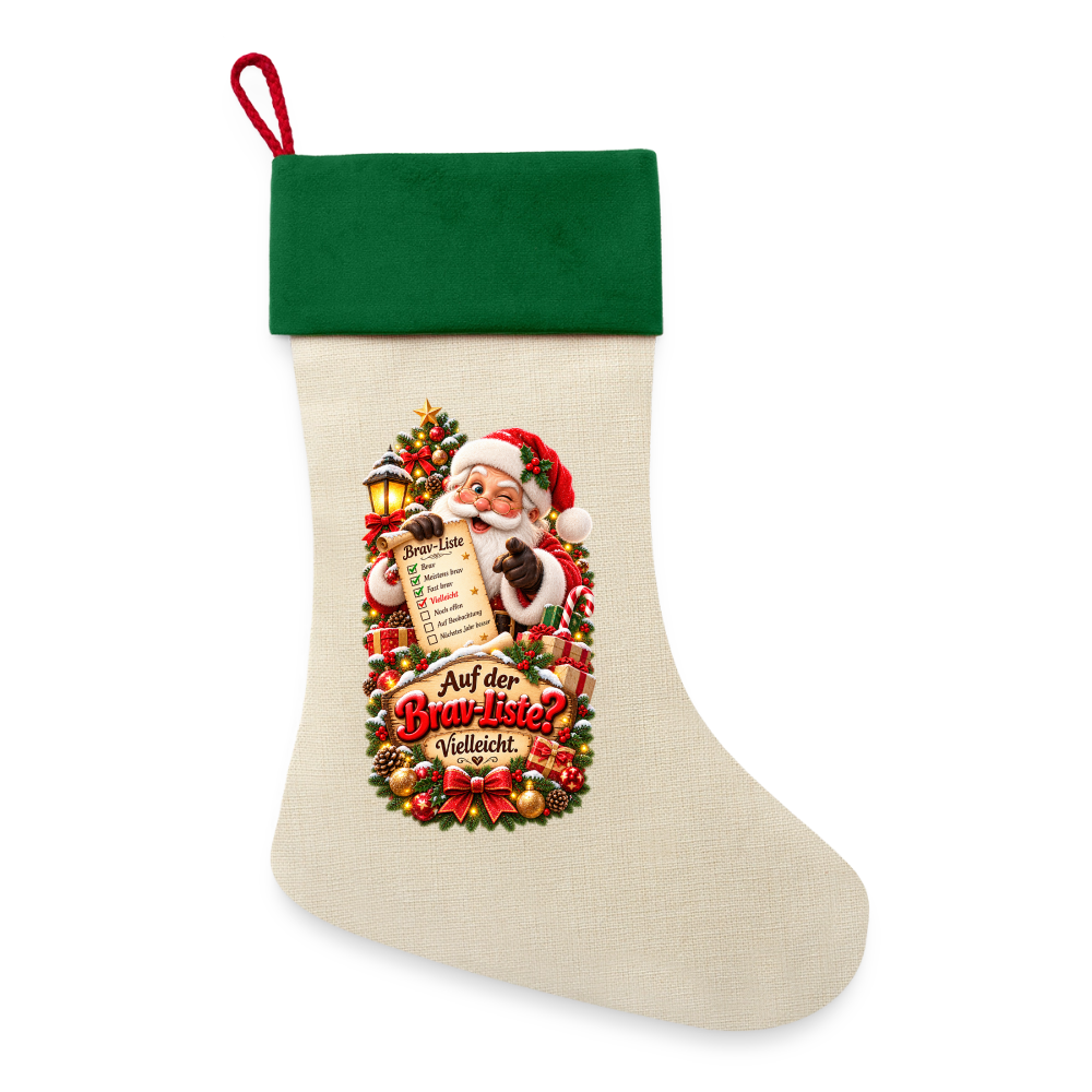 Leinen Weihnachtsstrumpf – Auf der Brav-Liste? Vielleicht. | Lustiger Nikolausstrumpf - Natur/Grün