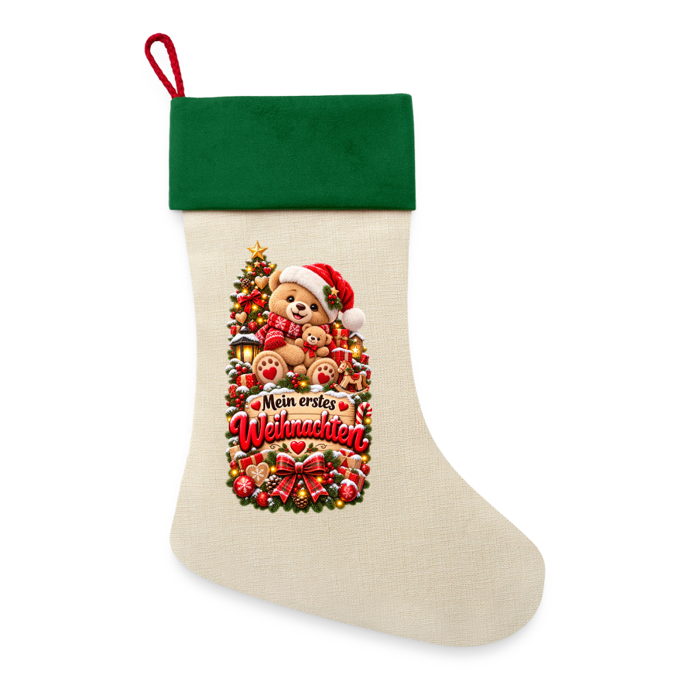 Leinen Weihnachtsstrumpf – Mein erstes Weihnachten | Teddy Motiv | Baby Geschenk - Natur/Grün