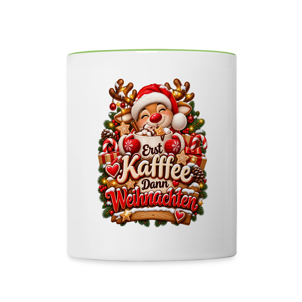 Weihnachtstasse 🎄 Erst Kaffee, dann Weihnachten – Lustige Kaffeetasse 325 ml - Weiß/Geckogrün
