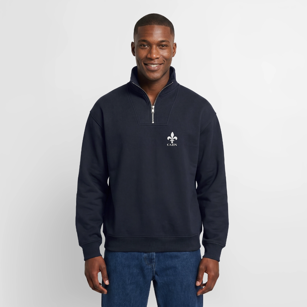CAZIN Premium Half-Zip Hoodie – Bosnische Lilie auf Brust & Ärmeln | SPREAD - Navy