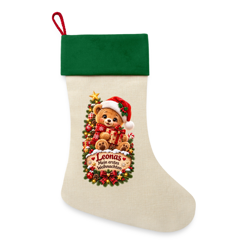 Leinen Weihnachtsstrumpf personalisiert – Mein erstes Weihnachten | Teddy mit Wunschname - Natur/Grün