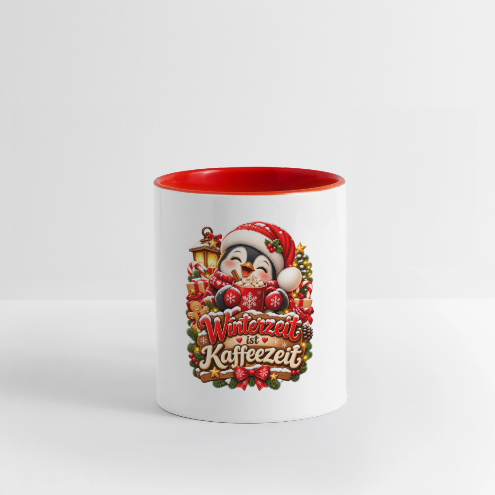 Wintertasse ❄️ Winterzeit ist Kaffeezeit – Süße Pinguin Kaffeetasse 325 ml - Weiß/Rot