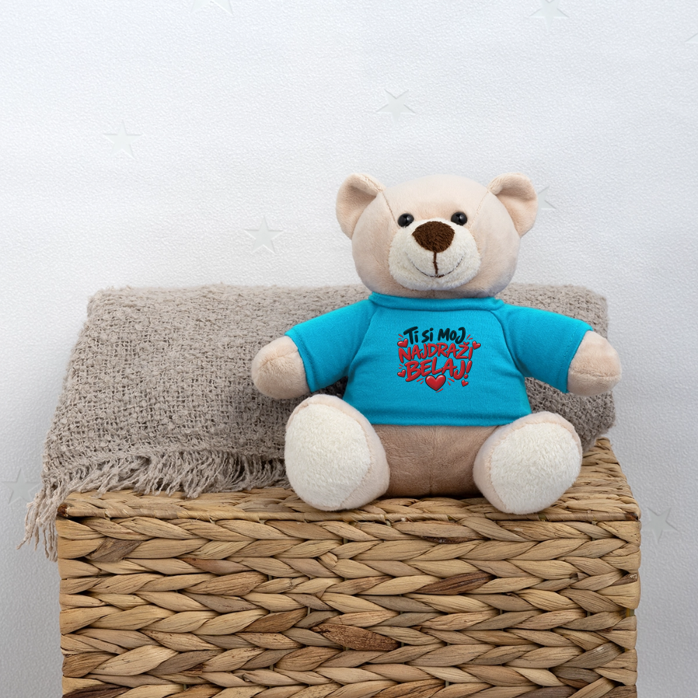 Kuschelteddy mit „Ti si moj najdrazi belaj“ Design – Süßer Liebesbär mit T-Shirt - Atollblau