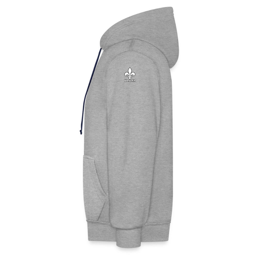 AWDis Just Hoods Kontrast-Hoodie Unisex – KRAJINA mit bosnischen Lilien | Brust- & Schulterprint - Grau meliert/Navy