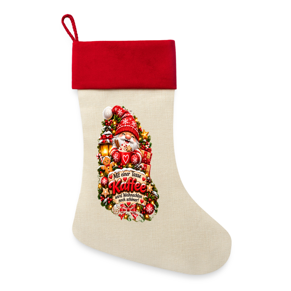 Leinen Weihnachtsstrumpf 🎄 Mit einer Tasse Kaffee wird Weihnachten noch schöner – Zum Befüllen - Natur/Rot 