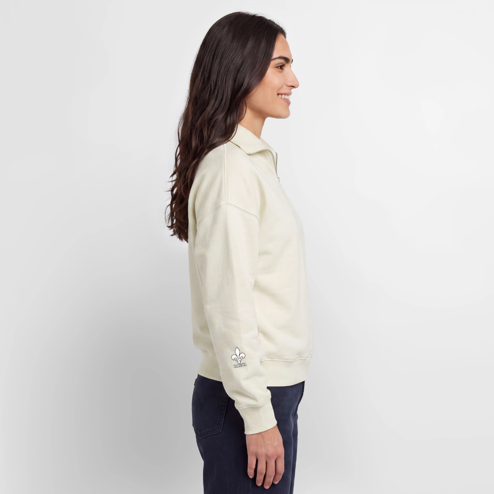 BOSNA Premium Organic Half-Zip Sweatshirt – SPREAD | Lilie auf Brust & Ärmeln - Naturweiß