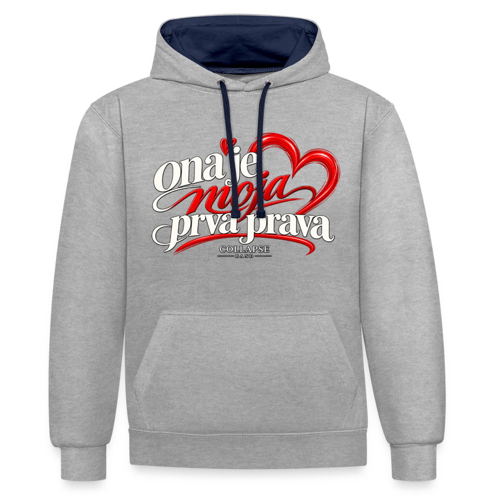 Kontrast-Hoodie - Ona je moja prva prava - Grau meliert/Navy