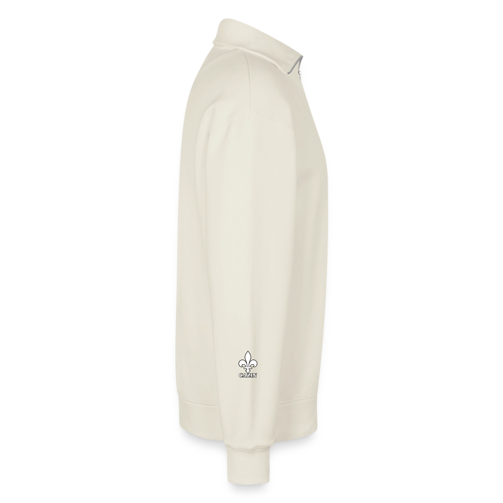 CAZIN Premium Half-Zip Hoodie – Bosnische Lilie auf Brust & Ärmeln | SPREAD - Naturweiß