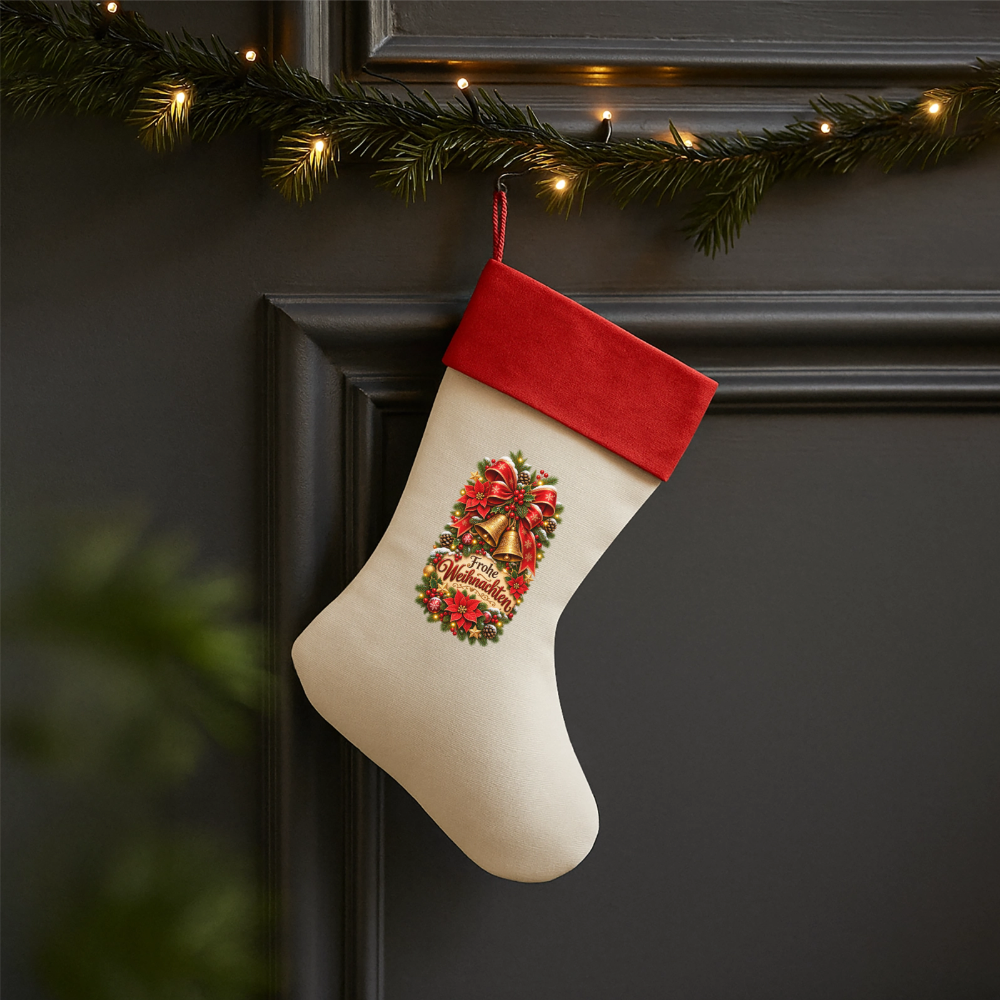 Leinen Weihnachtsstrumpf – Frohe Weihnachten | Elegantes Weihnachtsmotiv mit Glocken - Natur/Rot 