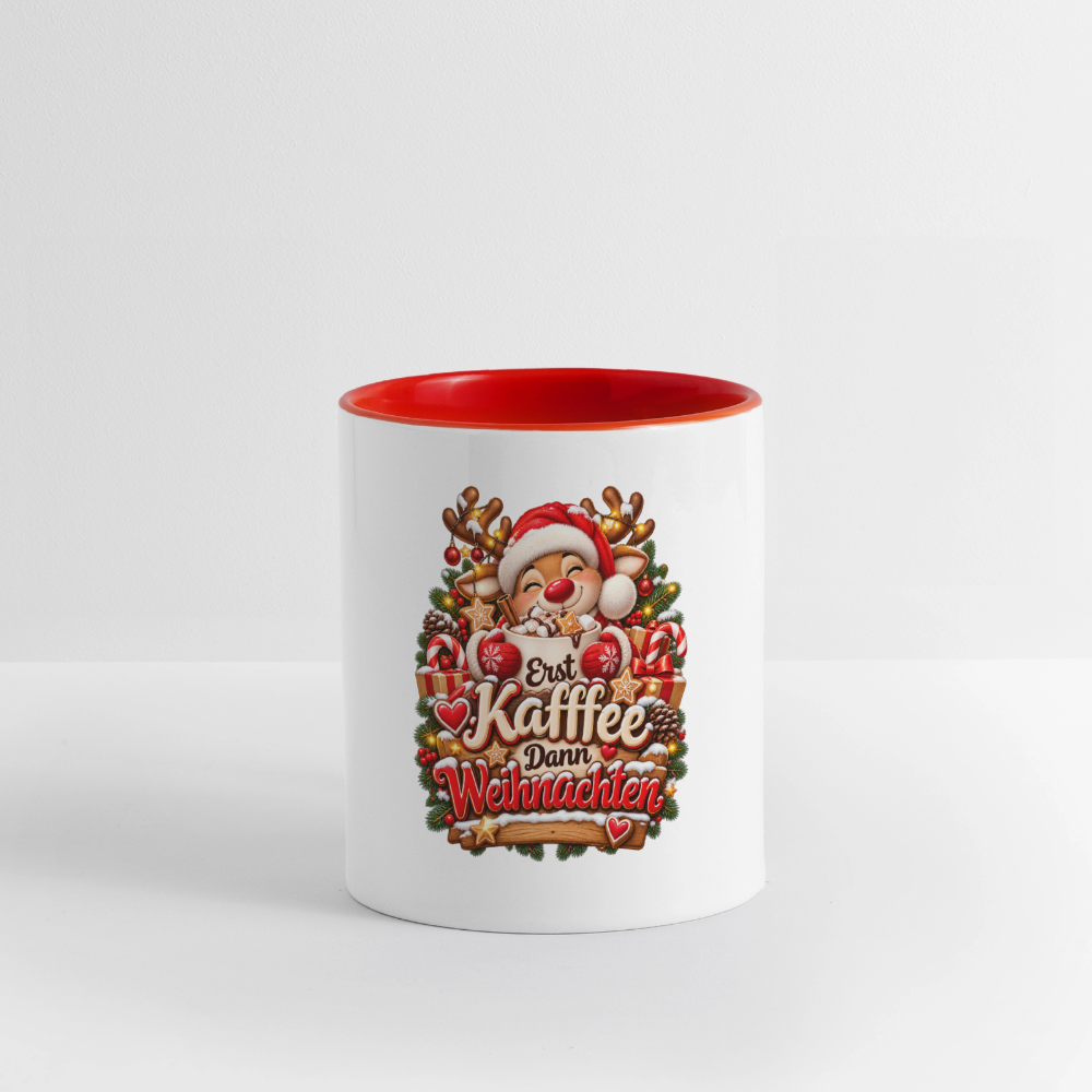 Weihnachtstasse 🎄 Erst Kaffee, dann Weihnachten – Lustige Kaffeetasse 325 ml - Weiß/Rot