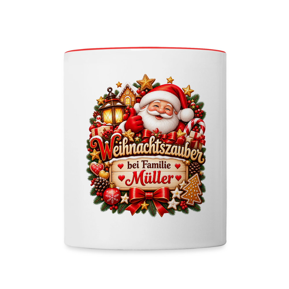 Weihnachtstasse 🎄 Weihnachtszauber bei Familie Müller – Tasse zweifarbig personalisiert - Weiß/Rot