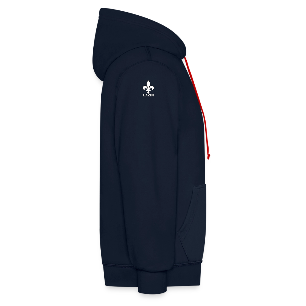AWDis Just Hoods Kontrast-Hoodie Unisex – CAZIN mit bosnischen Lilien | Brust- & Schulterprint - Navy/Rot