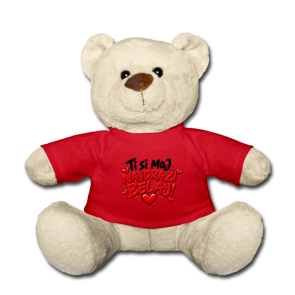 Kuschelteddy mit „Ti si moj najdrazi belaj“ Design – Süßer Liebesbär mit T-Shirt - Rot