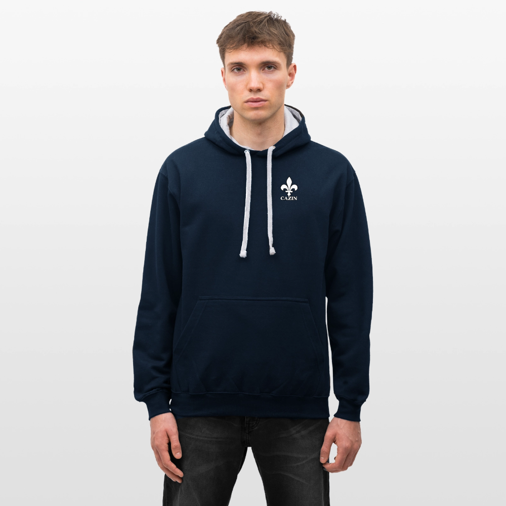 AWDis Just Hoods Kontrast-Hoodie Unisex – CAZIN mit bosnischen Lilien | Brust- & Schulterprint - Navy/Grau meliert