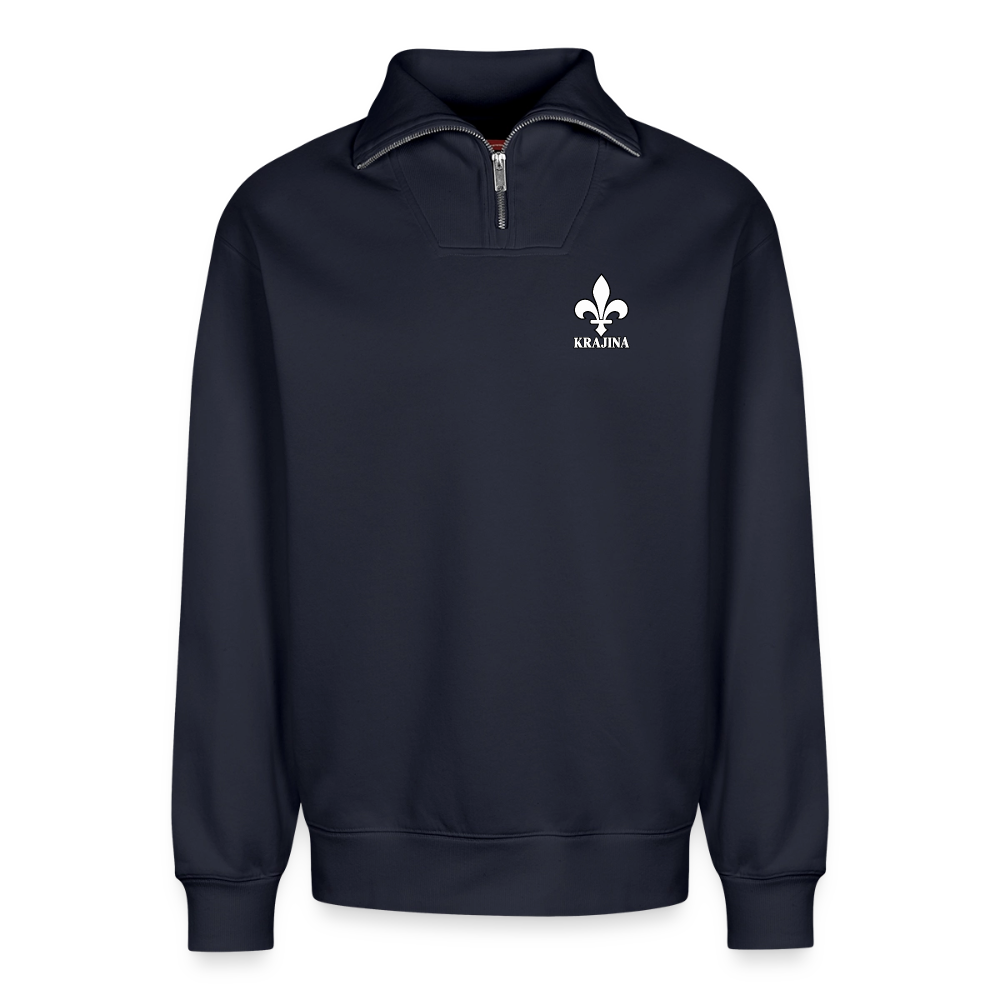 KRAJINA Premium Half-Zip Hoodie – Bosnische Lilie auf Brust & Ärmeln | SPREAD - Navy