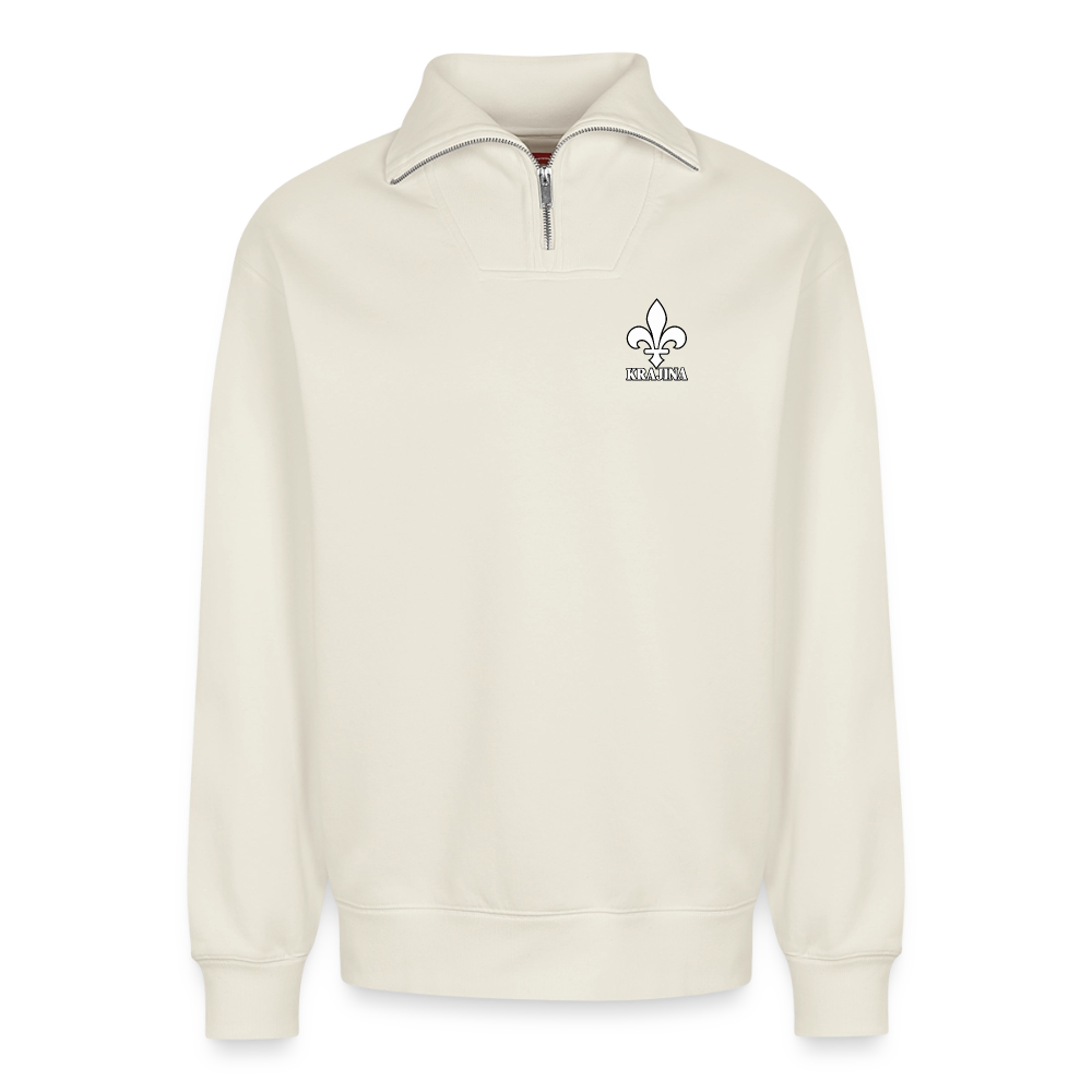 KRAJINA Premium Half-Zip Hoodie – Bosnische Lilie auf Brust & Ärmeln | SPREAD - Naturweiß