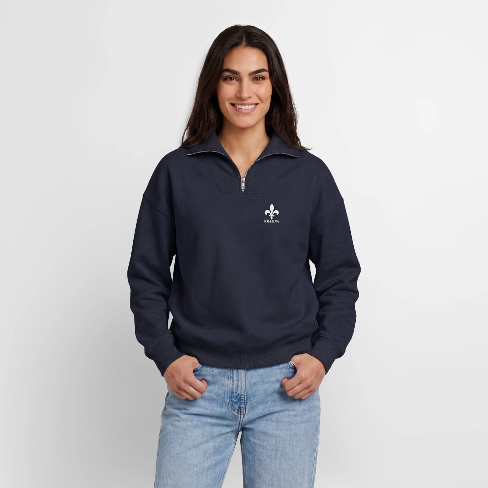 KRAJINA Premium Half-Zip Hoodie – Bosnische Lilie auf Brust & Ärmeln | SPREAD - Navy