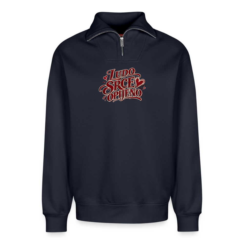 Relaxed Unisex Organic Half Zip Sweatshirt – Ludo srce opijeno - Navy