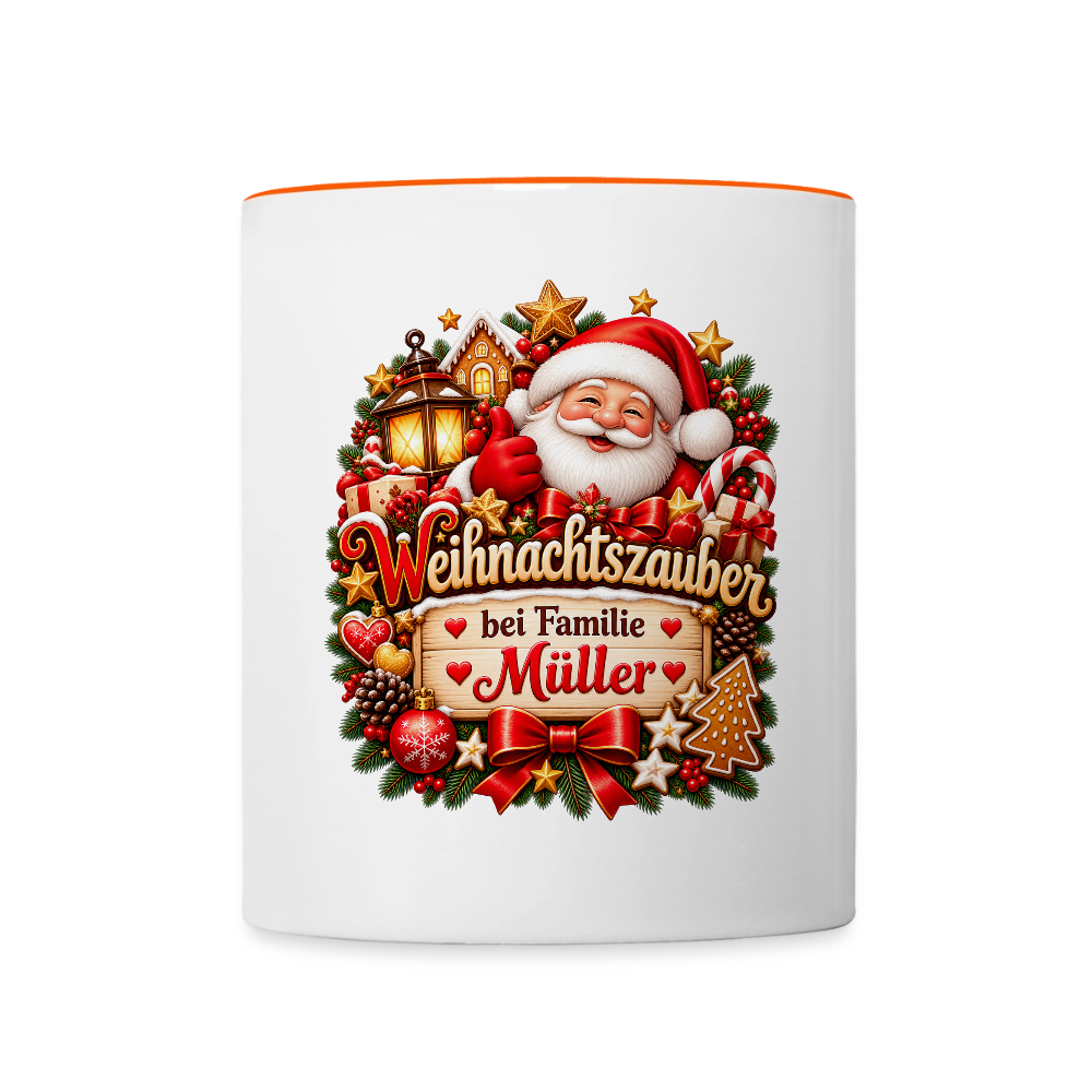 Weihnachtstasse 🎄 Weihnachtszauber bei Familie Müller – Tasse zweifarbig personalisiert - Weiß/Orange