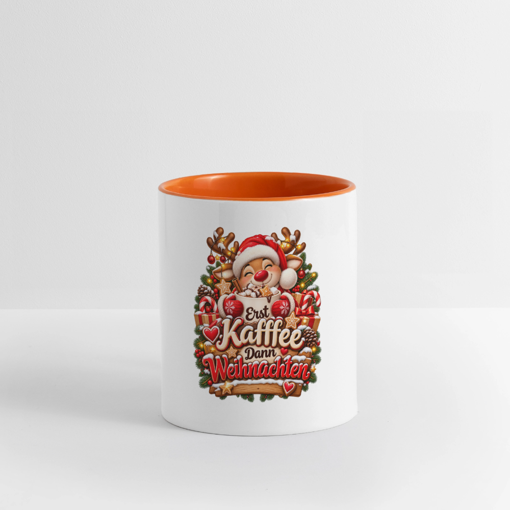 Weihnachtstasse 🎄 Erst Kaffee, dann Weihnachten – Lustige Kaffeetasse 325 ml - Weiß/Orange