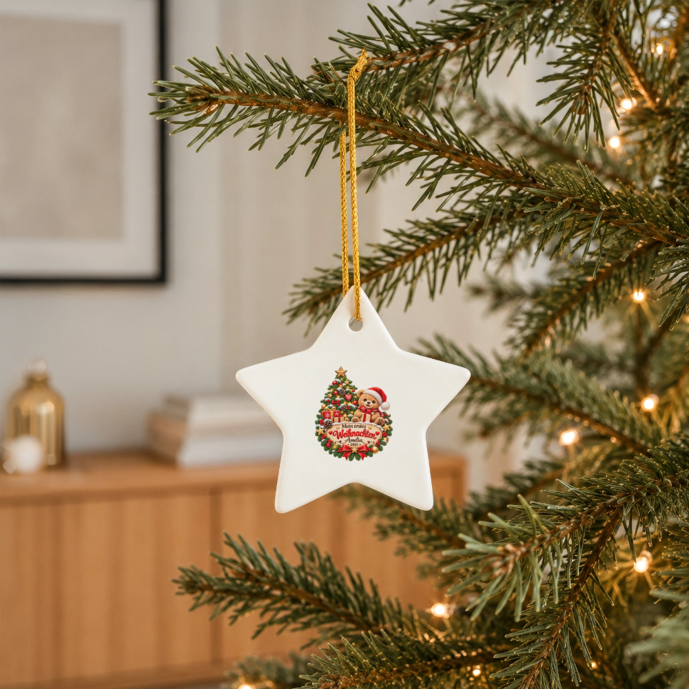 Keramik-Stern Weihnachtsanhänger personalisiert – Mein erstes Weihnachten | Mit Name & Jahr - Weiß