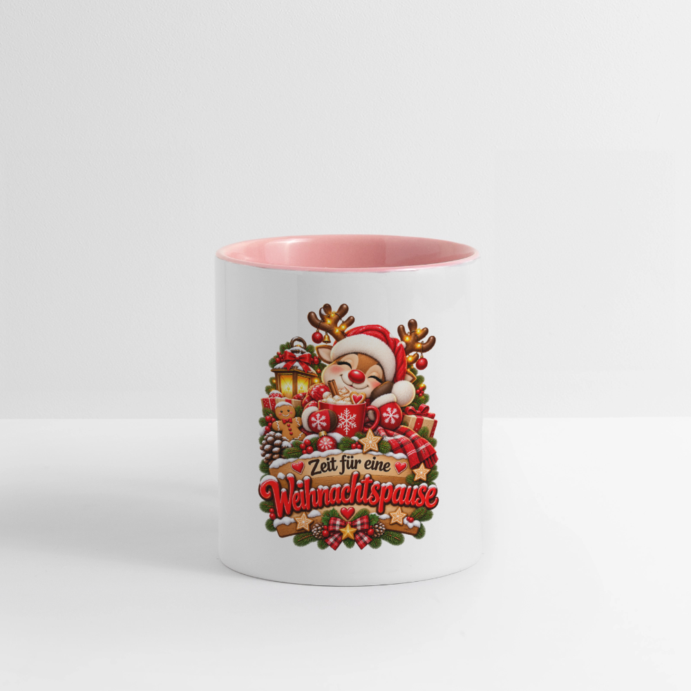 Weihnachtstasse 🎄 Zeit für eine Weihnachtspause – Rentier Kaffeetasse 325 ml - Weiß/Pink