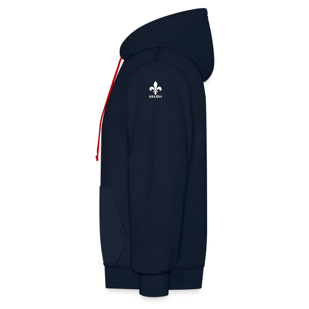 AWDis Just Hoods Kontrast-Hoodie Unisex – KRAJINA mit bosnischen Lilien | Brust- & Schulterprint - Navy/Rot