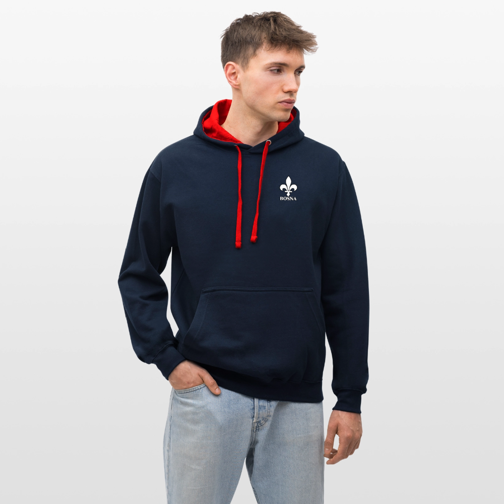 BOSNA Hoodie mit Lilie – AWDis Just Hoods Kontrast-Hoodie mit Ärmelprints - Navy/Rot
