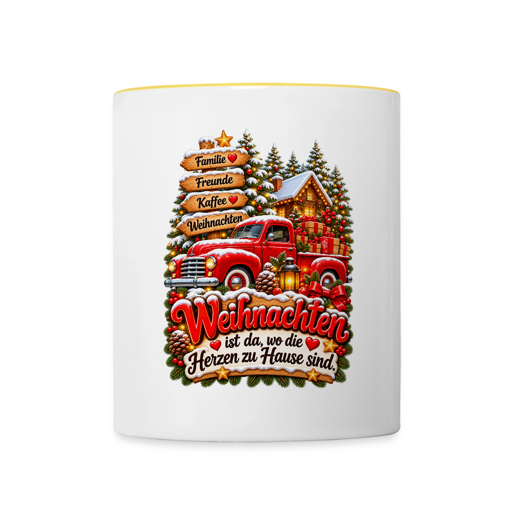 Weihnachtstasse 🎄 Weihnachten ist da, wo die Herzen zu Hause sind – 325 ml - Weiß/Gelb