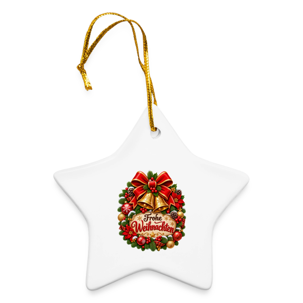 Keramik-Stern Weihnachtsanhänger – Frohe Weihnachten | Eleganter Christbaumschmuck mit Glocken - Weiß