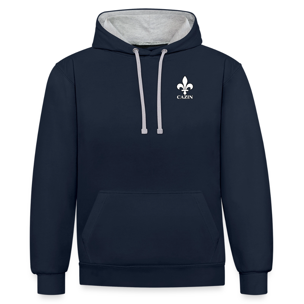 AWDis Just Hoods Kontrast-Hoodie Unisex – CAZIN mit bosnischen Lilien | Brust- & Schulterprint - Navy/Grau meliert