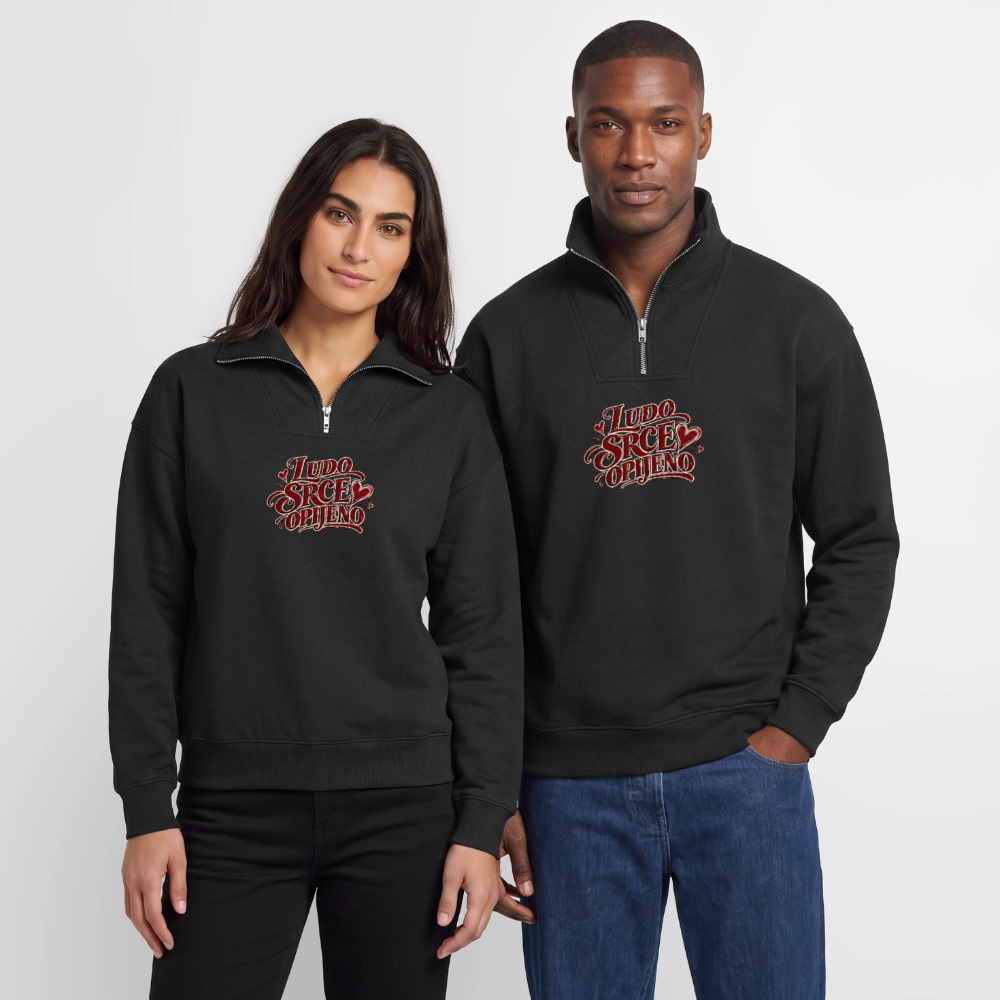 Relaxed Unisex Organic Half Zip Sweatshirt – Ludo srce opijeno - Schwarz
