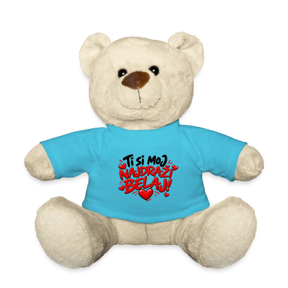 Kuschelteddy mit „Ti si moj najdrazi belaj“ Design – Süßer Liebesbär mit T-Shirt - Atollblau