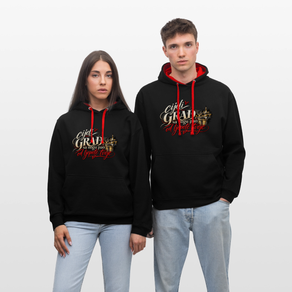 Kontrast-Hoodie - Cijeli grad sa nogu pao od ljepote tvoje - Schwarz/Rot