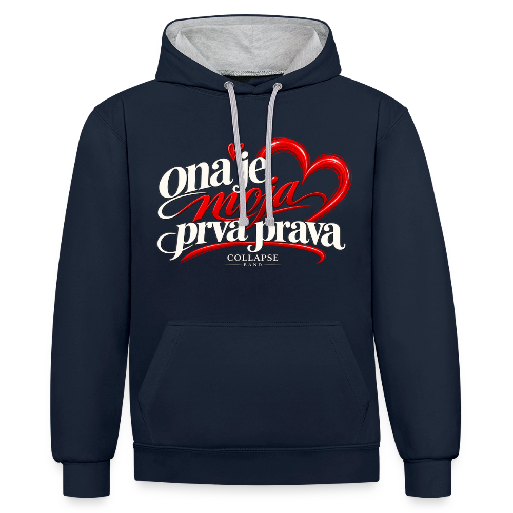 Kontrast-Hoodie - Ona je moja prva prava - Navy/Grau meliert
