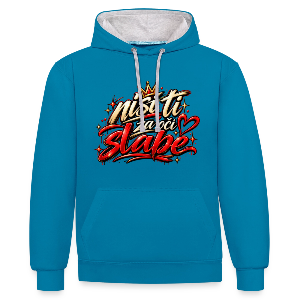 Kontrast-Hoodie - Nisi ti za oci slabe - Pfauenblau/Grau meliert