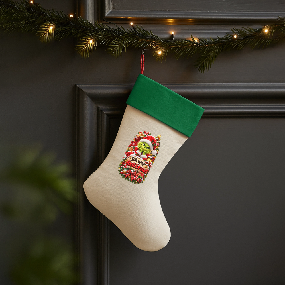 Leinen Weihnachtsstrumpf – Ich war fast brav! | Lustiger Nikolausstrumpf zum Befüllen - Natur/Grün
