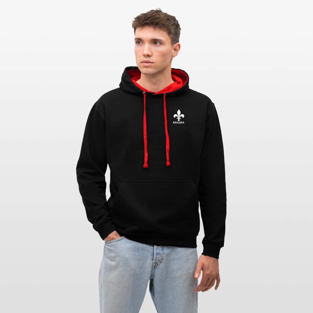 AWDis Just Hoods Kontrast-Hoodie Unisex – KRAJINA mit bosnischen Lilien | Brust- & Schulterprint - Schwarz/Rot