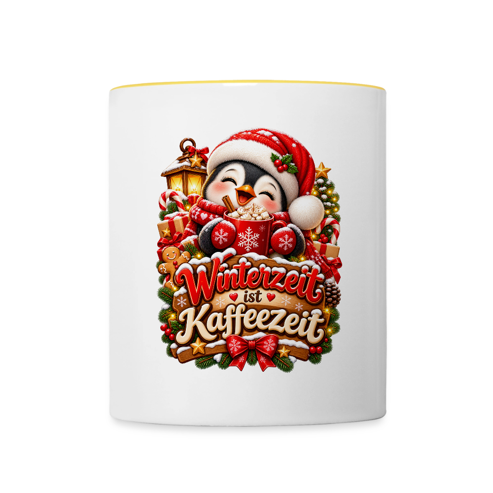 Wintertasse ❄️ Winterzeit ist Kaffeezeit – Süße Pinguin Kaffeetasse 325 ml - Weiß/Gelb