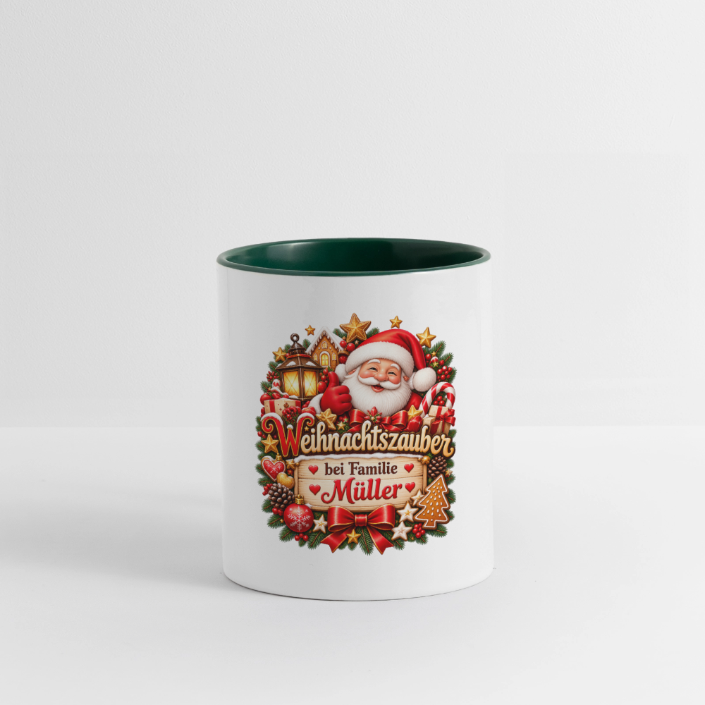 Weihnachtstasse 🎄 Weihnachtszauber bei Familie Müller – Tasse zweifarbig personalisiert - Weiß/Dunkelgrün