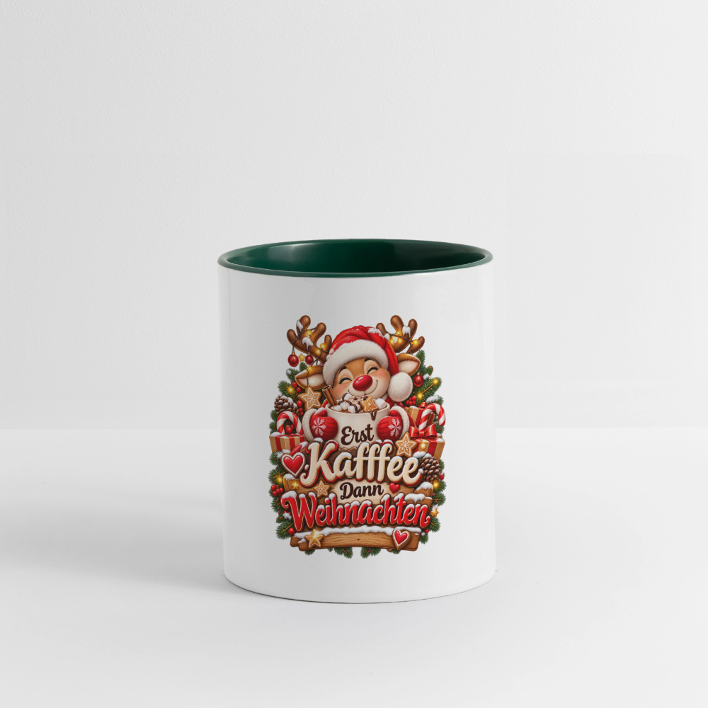 Weihnachtstasse 🎄 Erst Kaffee, dann Weihnachten – Lustige Kaffeetasse 325 ml - Weiß/Dunkelgrün