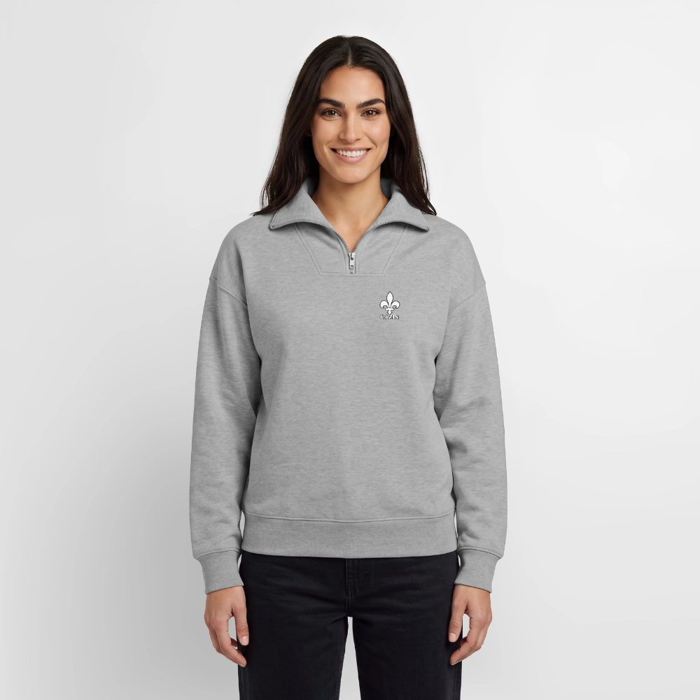 CAZIN Premium Half-Zip Hoodie – Bosnische Lilie auf Brust & Ärmeln | SPREAD - Grau meliert