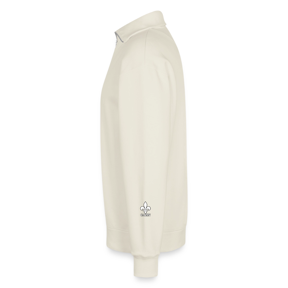 CAZIN Premium Half-Zip Hoodie – Bosnische Lilie auf Brust & Ärmeln | SPREAD - Naturweiß