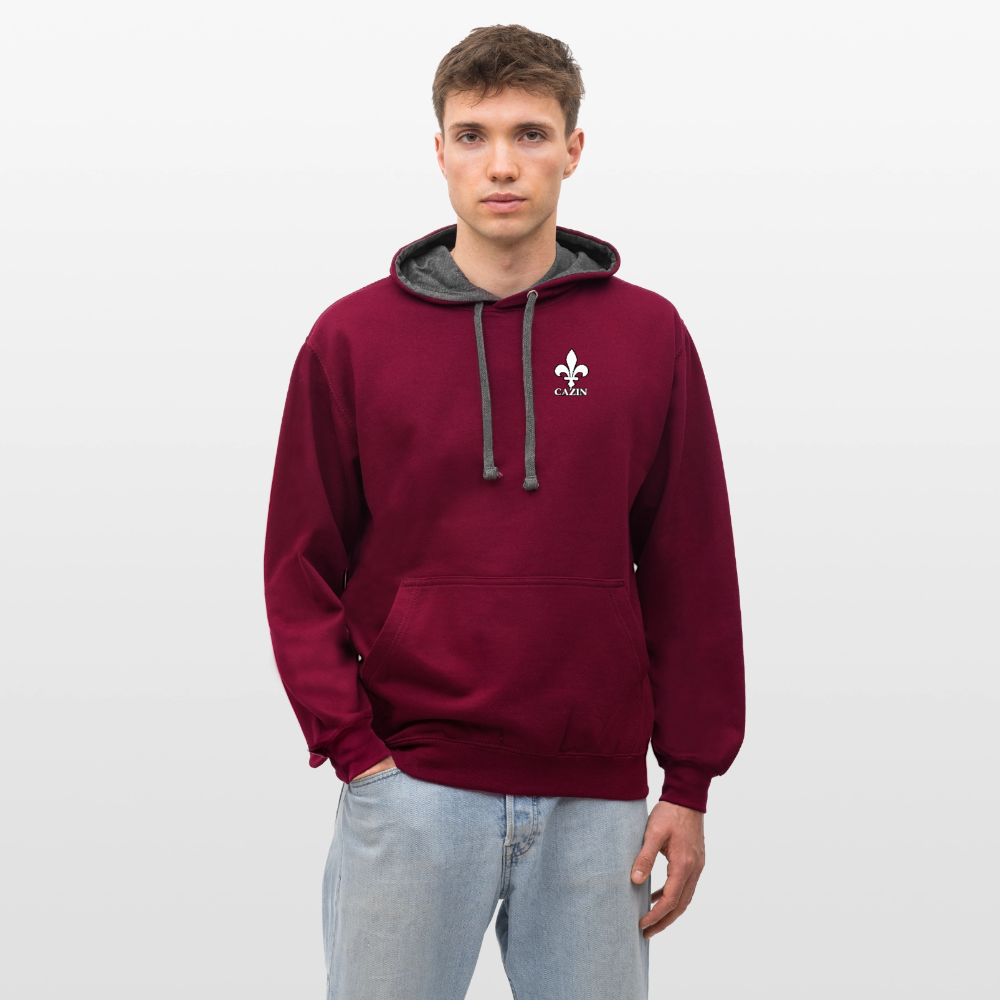 AWDis Just Hoods Kontrast-Hoodie Unisex – CAZIN mit bosnischen Lilien | Brust- & Schulterprint - Weinrot/Anthrazit